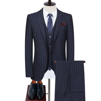 ( Žakete + Veste + Bikses ) Boutique Modes Mens Svītru Ikdienas Biznesa Uzvalks High-end Sociālo Formāls Uzvalks, 3 Gab. Komplekts Līgavainim Kāzu