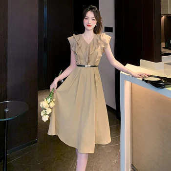 Melns Bezpiedurkņu Midi Kleitas Sievietēm 2023 Elegants Puse Ruffles Vakarā Vestidos Sieviešu Modes Biroja Dāma Vasarā Jaunu korejiešu