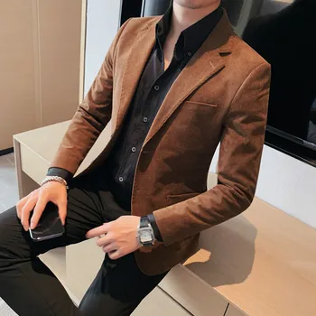 Augstas Kvalitātes 2023 Jaunas Velveta Britu Stila Biznesa Banketa Mazo Uzvalks Jaka Vīriešu Slim Modes Gadījuma Skaists Uzvalks