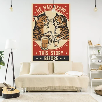 XxDeco Dzeramā Kaķi Gobelēns Vintage Plakātu Attēlā Iespiests Sienas Karājās Paklāji Guļamistabā Vai Mājas Dekorēšanai
