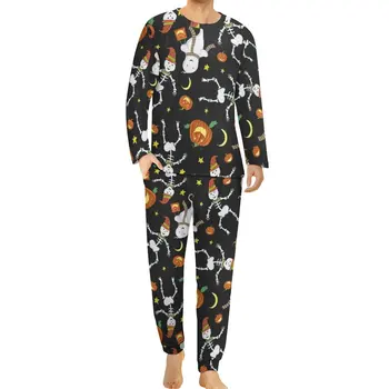 Smieklīgi Spoku Drukāt Pidžamas Ar Garām Piedurknēm Halloween Skelets 2 Gabali Gadījuma Pidžamas Komplekts Rudens Vīriešu Siltā Lielgabarīta Sleepwear